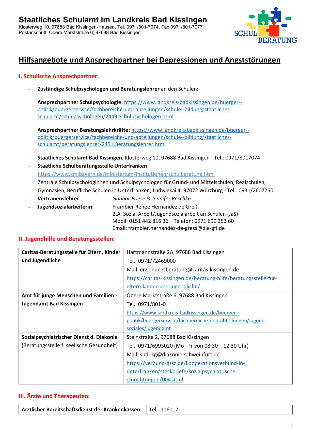 Hilfsangebote bei Angststörungen und Depression Landkreis Bad Kissingen Stand Oktober 2024 1