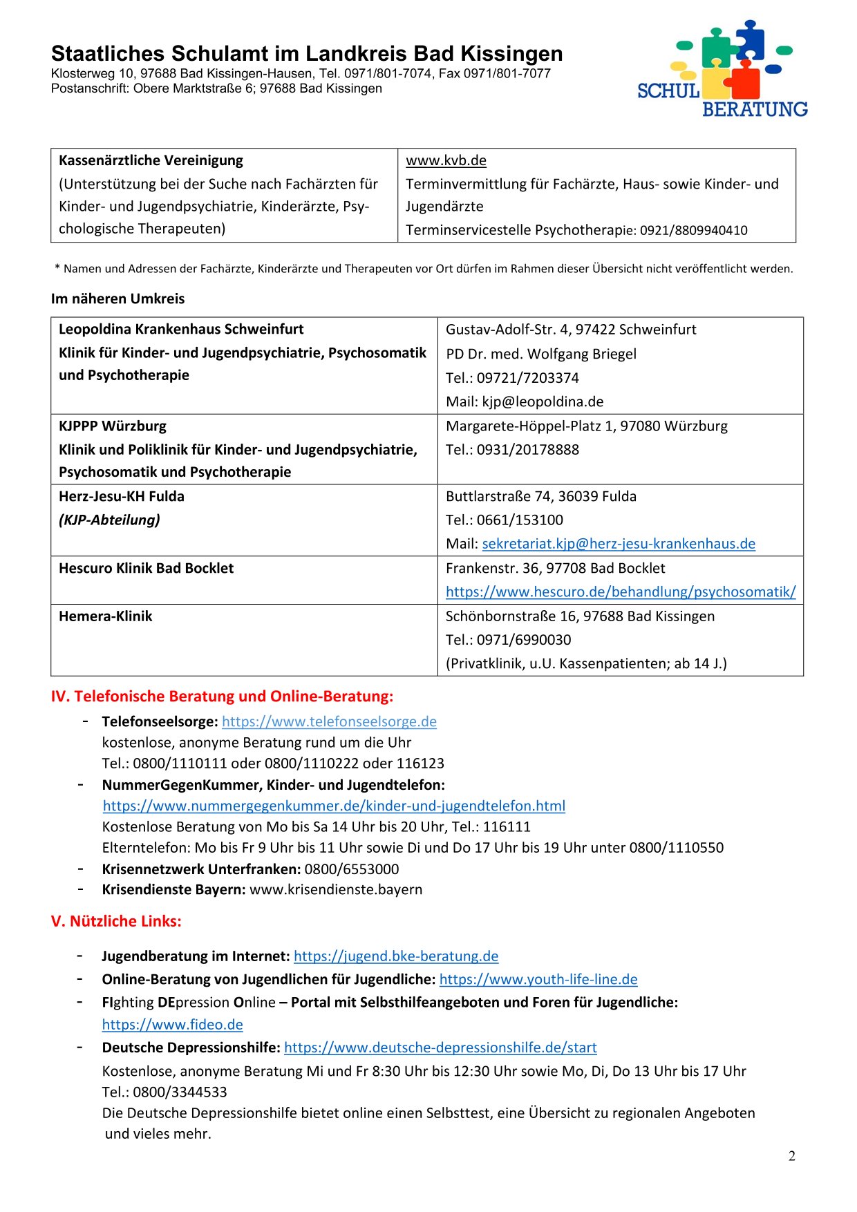 Hilfsangebote bei Angststörungen und Depression Landkreis Bad Kissingen Stand Oktober 2024 2